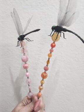 Handmade Pink and Orange Dragonfly Beaded Plant Picks
